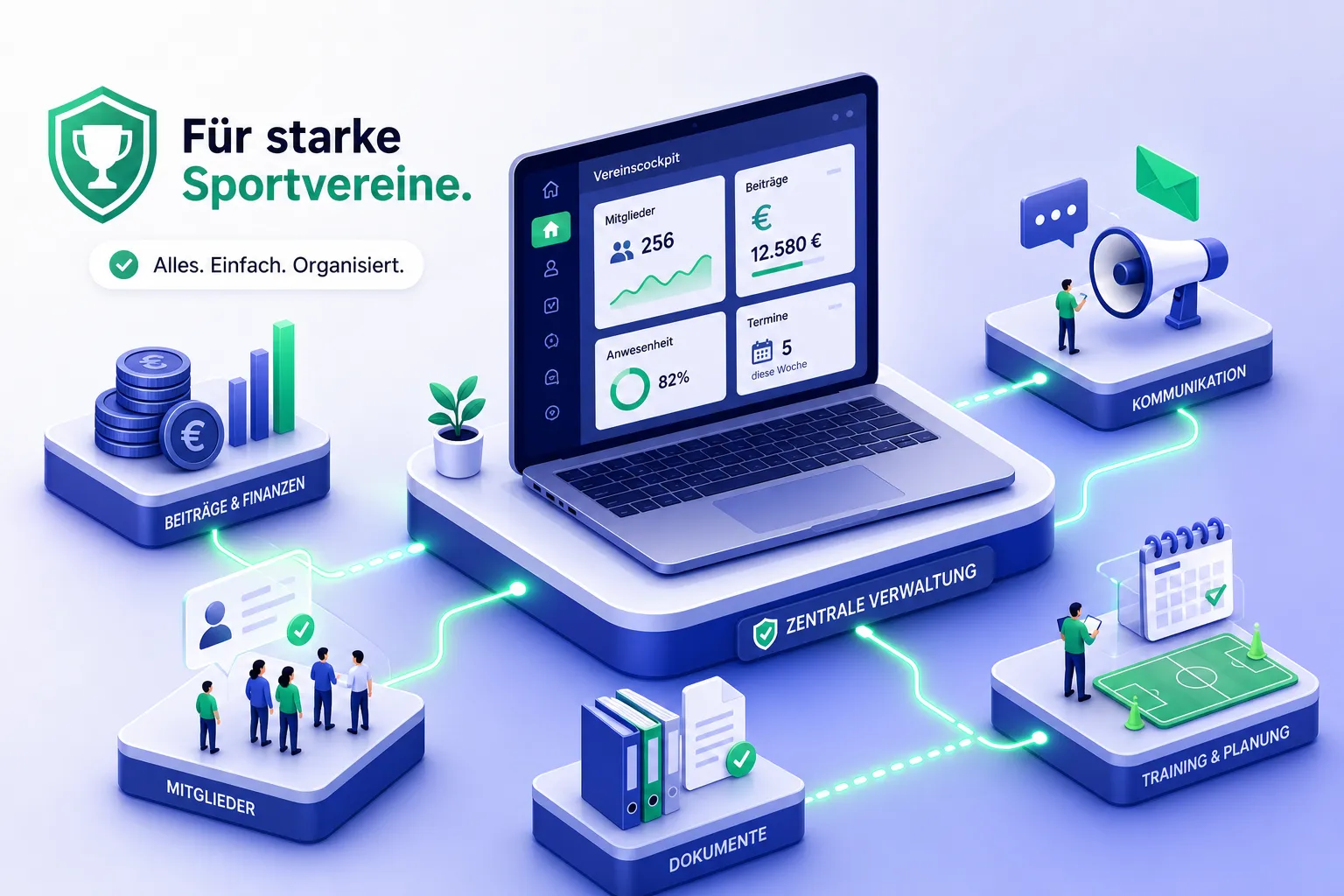 Illustration: Vereinssoftware-Cockpit mit Mitgliederzahlen, Beiträgen, Anwesenheit, Terminen, Kommunikation, Dokumenten und Trainingsplanung